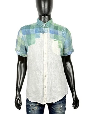 Chemise homme Desigual M 100 % lin vert bleu patchwork manches courtes - Photo 1/4