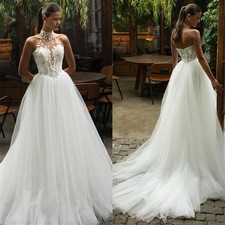 Halter Illusion Wedding Dresses Lace Applique Beading Tulle A-line Bridal Gown