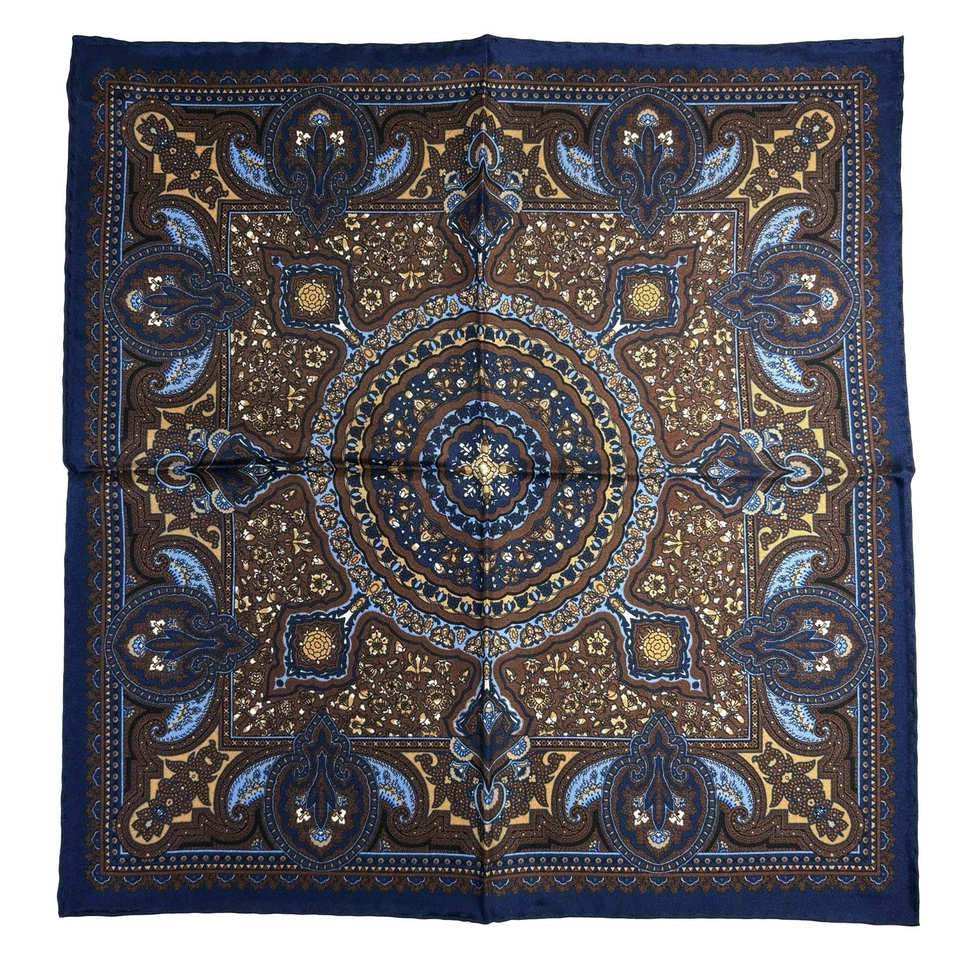 Cuadrado de Bolsillo Marrón y Azul Marino Geométrico Floral Antiguo Seda Loca (Enrollado a Mano) Foto 4 de 4