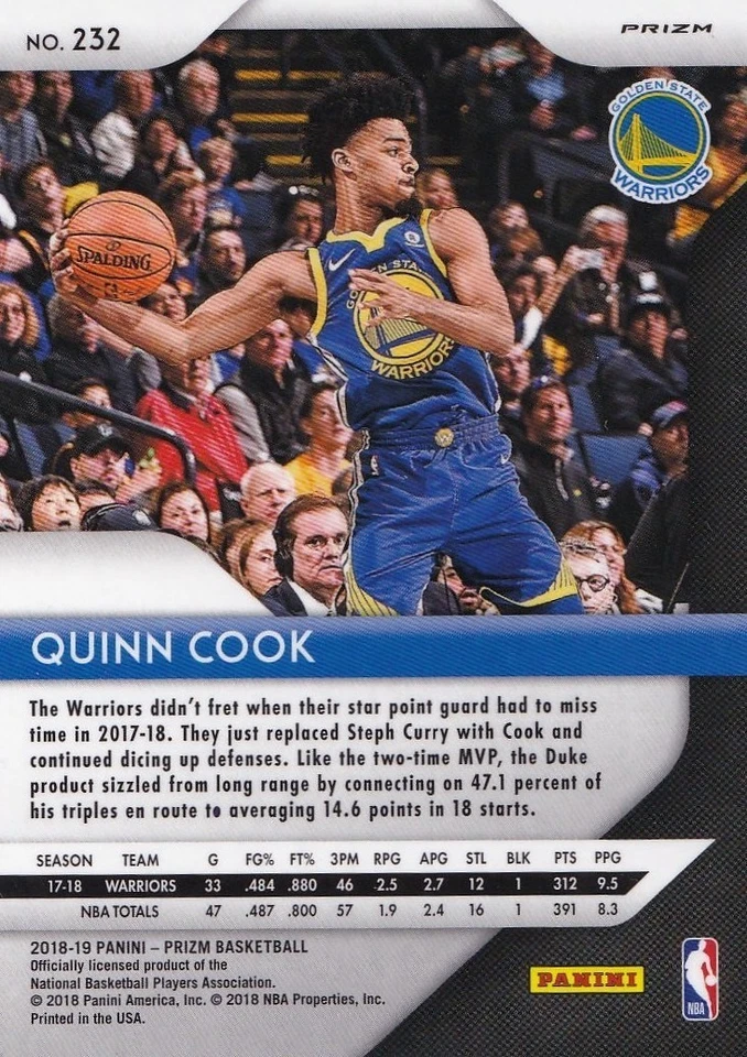 Quinn Cook 2018-19 Panini Prizm Silver Prizm #232 Golden State Warriors - Image 2 of 2