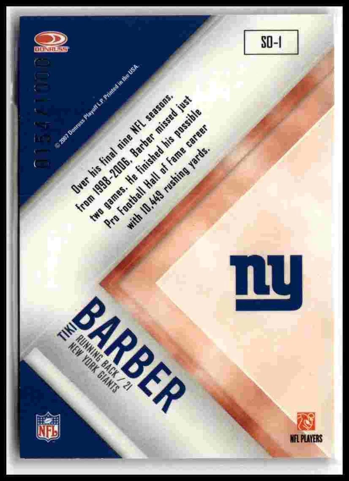 2007 Leaf Rookies & Stars #SO-1 Tiki Barber Standing Ovation Red #/1000 - Image 2 of 2