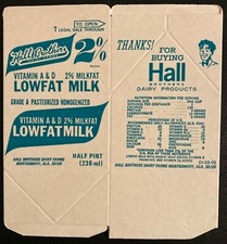 Collectible Halls Brothers Half Pint Low Fat Milk Carton-Montgomery, ALA. "NOS"