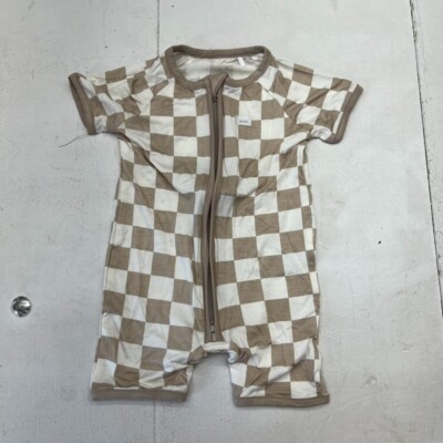 Miozing Beige & White Checker Print Short Sleeve One-Piece Unisex Kid Size 3-6M