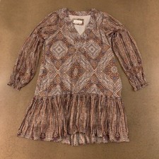 Anthropologie Womens Shift Dress Brown Geometric Ruffle V Neck 3/4 Sleeve S New