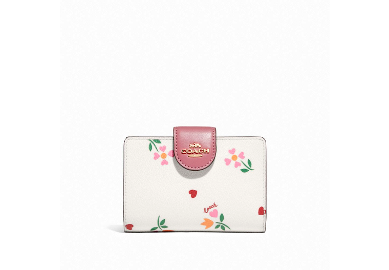 COACH Medium Corner Zip Wallet w/Heart Petal Print Chalk (C7652