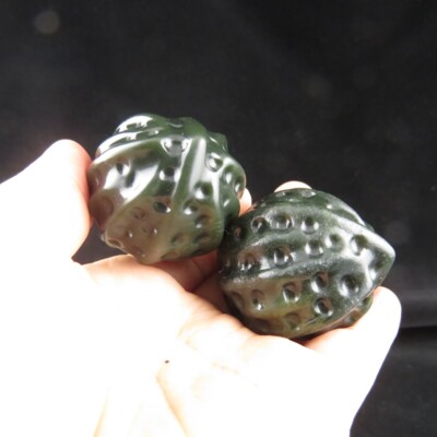 Green Hetian Jade Walnut Shaped Hand Ball Pair Fitness Amulet Chinese Ornament