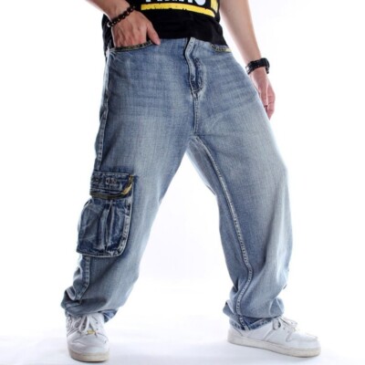 Herren Weites Bein Jeans Hip Hop Baggy Denim Hose Freizeit Cargo Muti-Pocket