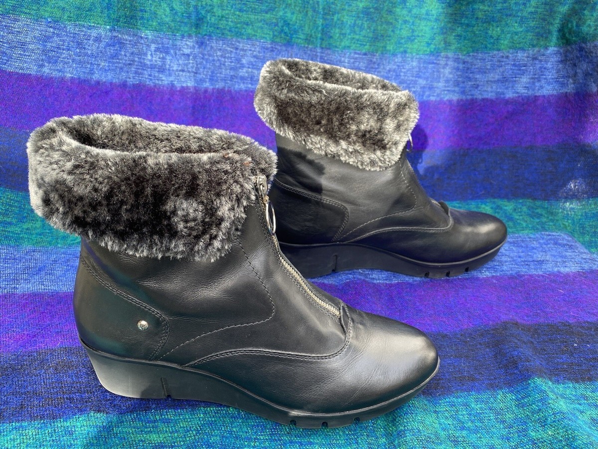Pikolinos Womens Black Leather Ankle Boots, Fur Trim, Wedge  display picture 3