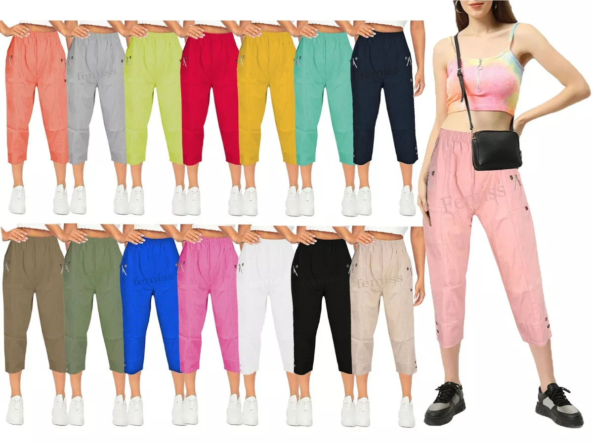 Women Capri Trousers Crop Ladies Three Quarter Summer Elasticated Cropped  Pants