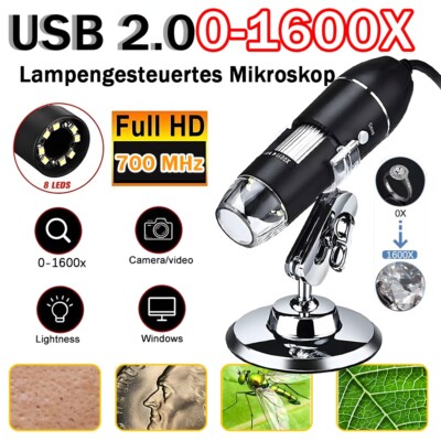 USB-Digitalmikroskop 0 bis 1600X,8 LED-Vergrößerungs-Endoskopkamera mit ständer*