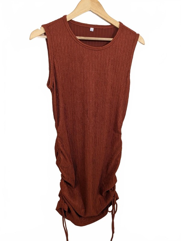 Women's Rust Orange Ruched Drawstring Stretch Bodycon Mini Dress M NWOT