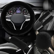 5PCS Fluffy Car Steering Wheel Cover Set, Includes Faux Fur Gear Shift Black