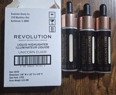 New Lot of 3 Revolution Makeup Liquid Highlighter Unicorn Elixir 0.61 fl. oz.