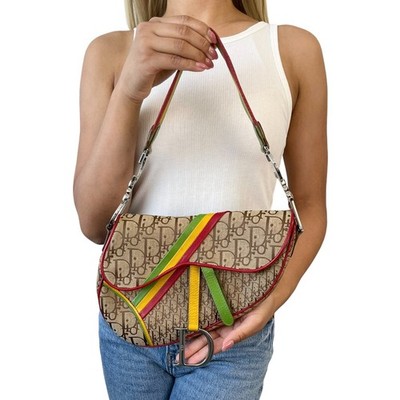 Christian Dior Vintage 2004 Trotter Monogram Logo Saddle Bag Rasta