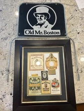 Old Mr. Boston Framed Labels And Vintage Double Sides Metal Display Sign Whiskey