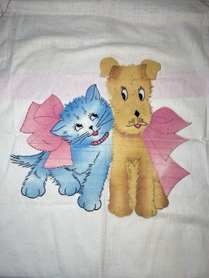 1940s/50s Royal Society Embroidered Crib Cover Nursery Cat and Dog w/ Bows Baby