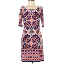 Eliza J Pink Blue Geometric Shift Dress 3/4 Sleeve Womens 4 Paisley Preppy Work