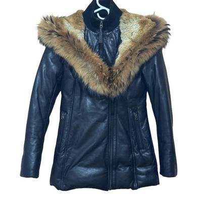 Mackage Montreal Black Leather Puffer Jacket Fur Trim Women's XS Luxe Coat