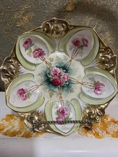 RS Prussia Medallion Rose Bowl 10.5” Antique Gold Gilded Pink Flower CottageCore