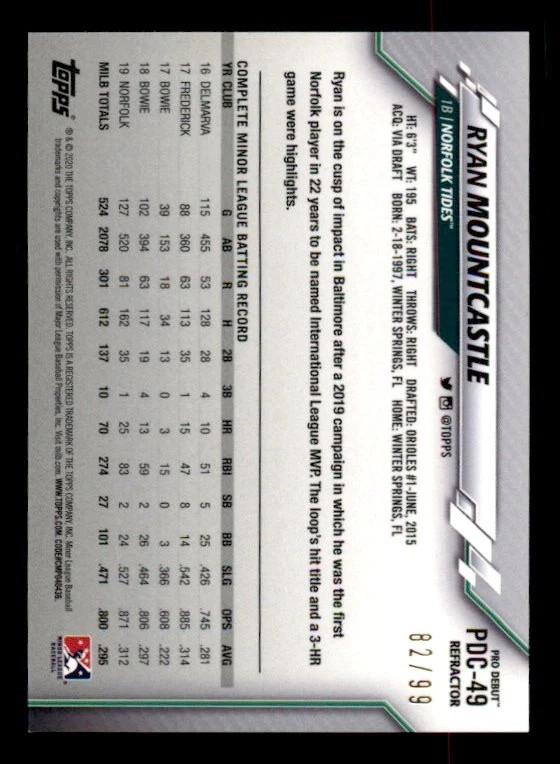 2020 Topps Pro Debut Chrome Refractors #PDC49 Ryan Mountcastle /99 - Image 2 of 2