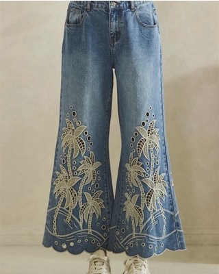 Oli & Hali Palm Tree Eyelet Embroidered Wide Leg Jeans NWOT Women s Small