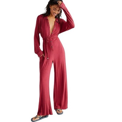 Free People Elai Open Back Ribbed Knit Long Sleeve Wide Leg Jumpsuit Size XS NWT