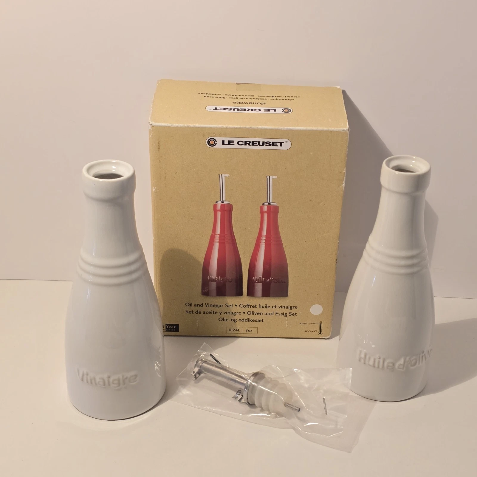 Le Creuset Stoneware Oil and Vinegar Set - White Only One Spout. 8oz