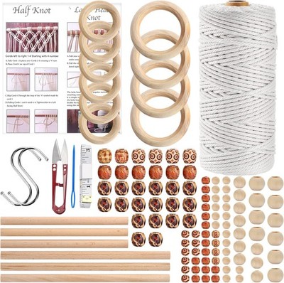 121Pcs Macrame Kit, 3mm Cord with Beads & Wooden Rings Included