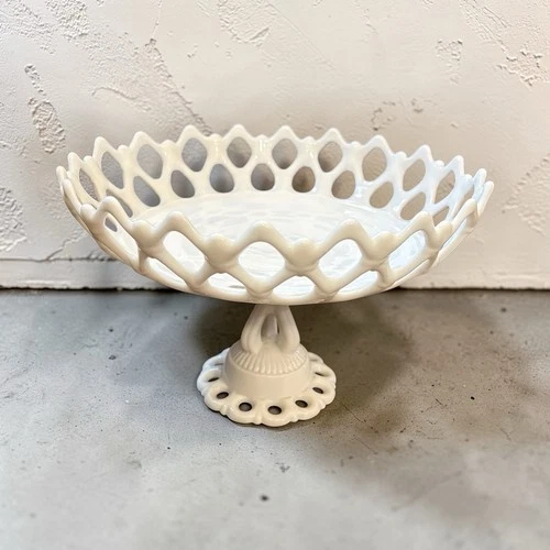 Westmoreland Milk Glass Compote Featuring A Reticulated Open Lattice Design
