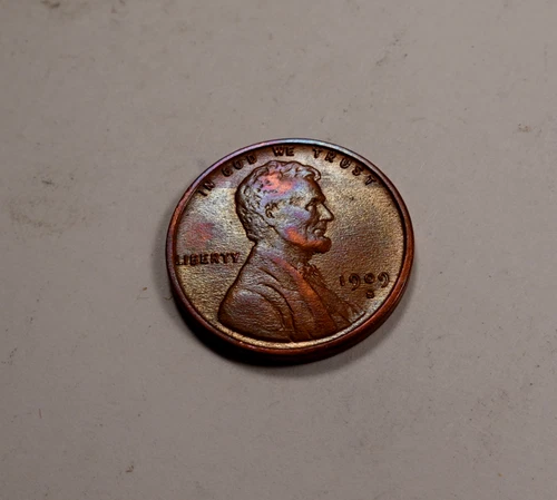 1909-S Lincoln Wheat Cent Penny * Choice BU (rainbow toned) * KEY DATE!* XW0015