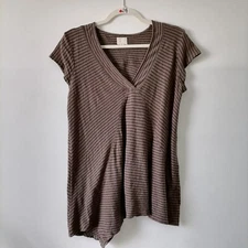 9-H15 SICL Womens Brown Cap Sleeve V-Neck Striped Linen Blend T-Shirt Top Size S