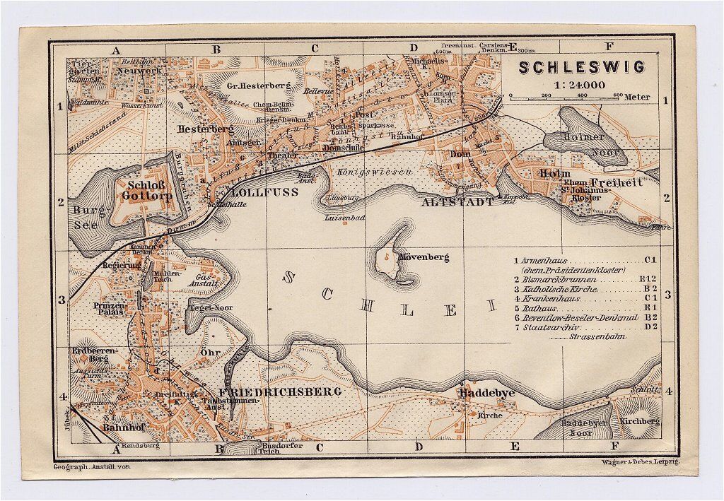1904 ORIGINAL ANTIQUE CITY MAP OF SCHLESWIG / SCHLESWIG-HOLSTEIN / GERMANY