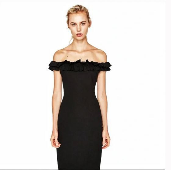 zara black off the shoulder dress Ruffle Bodycon Dress, NWOT, S Long black lace dress
