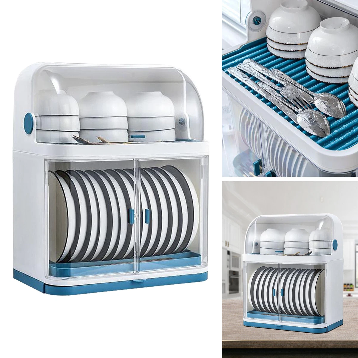 2 Tier Plastic Kitchen Dish Drying Rack with Lid Cover - Blue+White