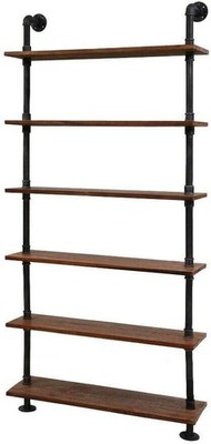 Diwhy Industrial Pipe Bookshelf, 6 Layer Rustic Modern Wood Ladder Shelf with Me