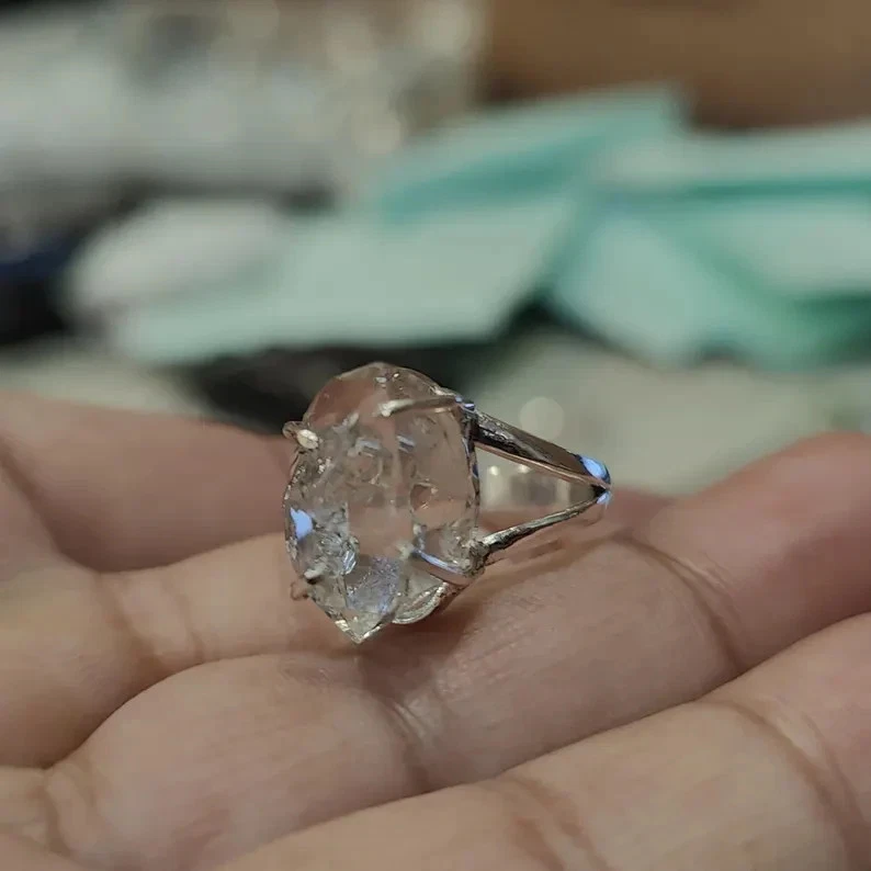 Anillo Herkimer Diamante Plata de Ley 925 Banda y Distintivo Hecho a Mano Todos los Tamaños Foto 4 de 4