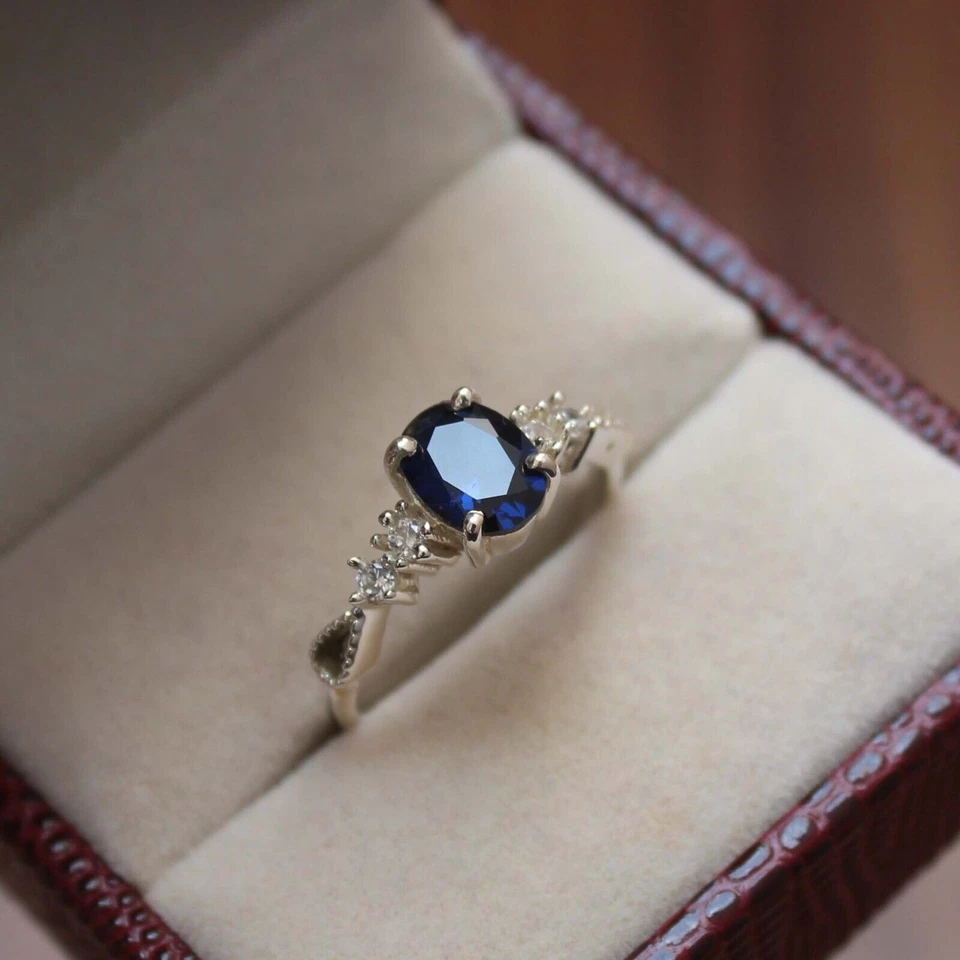 Lab-Created Blue Sapphire Halo Engagement Ring 925 Sterling Silver  Gift for Her - Image 4 of 4