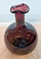 Blenko Purple Amethest Round Bubble Handblown Wave Top Vase Decanter Bottle