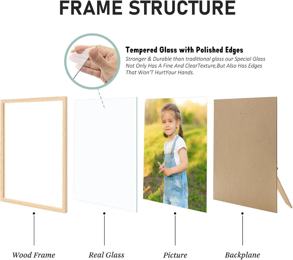 Elegant Oak Wood 8x10 Photo Frame Set of 6 - Real Glass Wall & Tabletop Display - Image 4 of 4