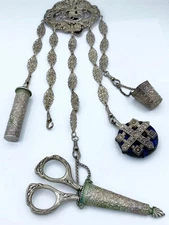 Antique Silver Plate Chatelaine w Griffin/Dragon Thimble Holder Needle Case +