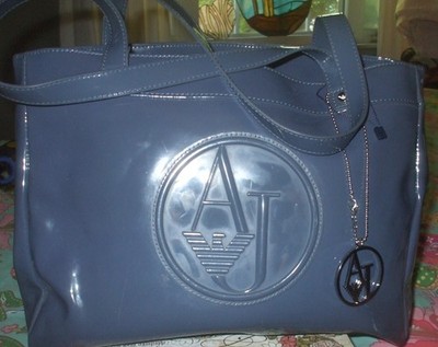 Armani Jeans periwinkle blue faux leather PVC tote bag shopper shoulder bag