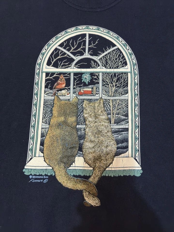 Sudadera de invierno vintage años 90 JERZEES grande azul marino gatos en ventana cuello redondo Foto 3 de 4