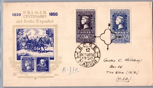 SPAIN 1950 POSTAL CACHET FDC COVER CENTENARY FIRST STAMP ADDR USA CANC MADRID