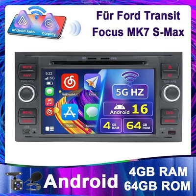 DSP Autoradio Android 16 Für Ford Transit Kuga Fiesta C/S-Ma GPS DVD 4G+64G DAB+ - Bild 1 von 4