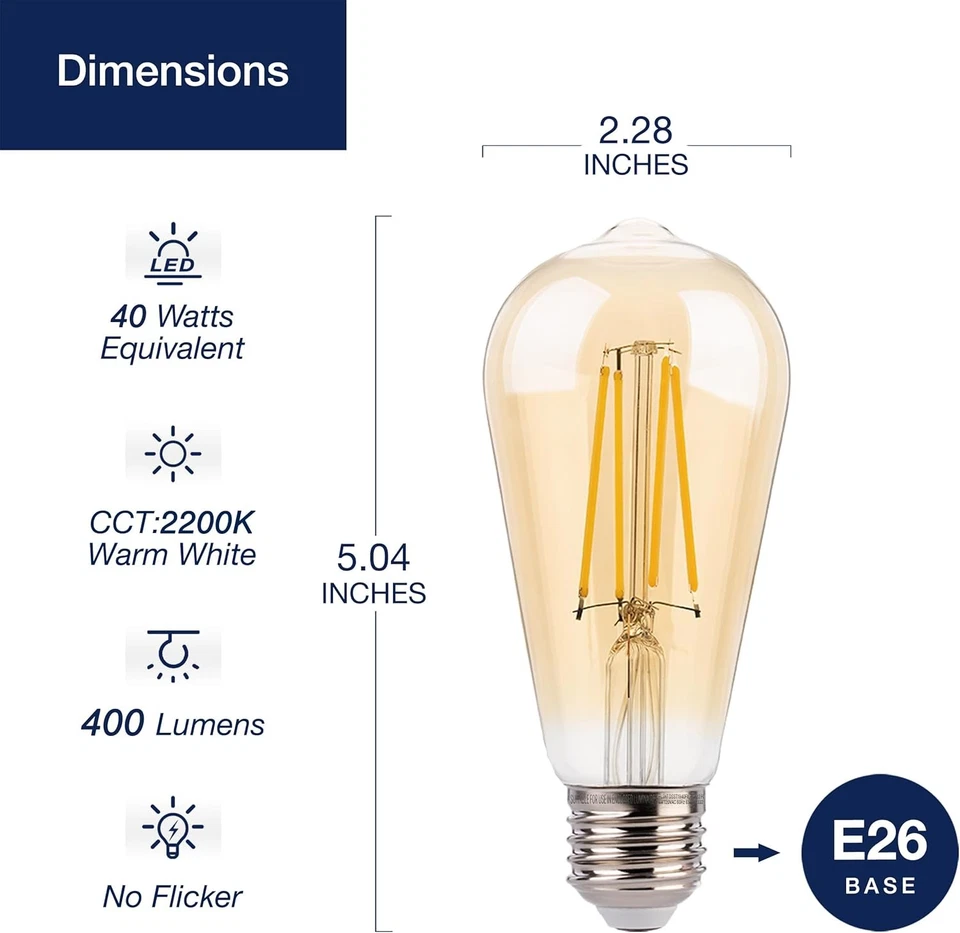 ST19 LED Edison Bulbs, 2200K Warm White, Dimmable, Amber Glass, 4W, E26, 4 Pack - Image 2 of 4