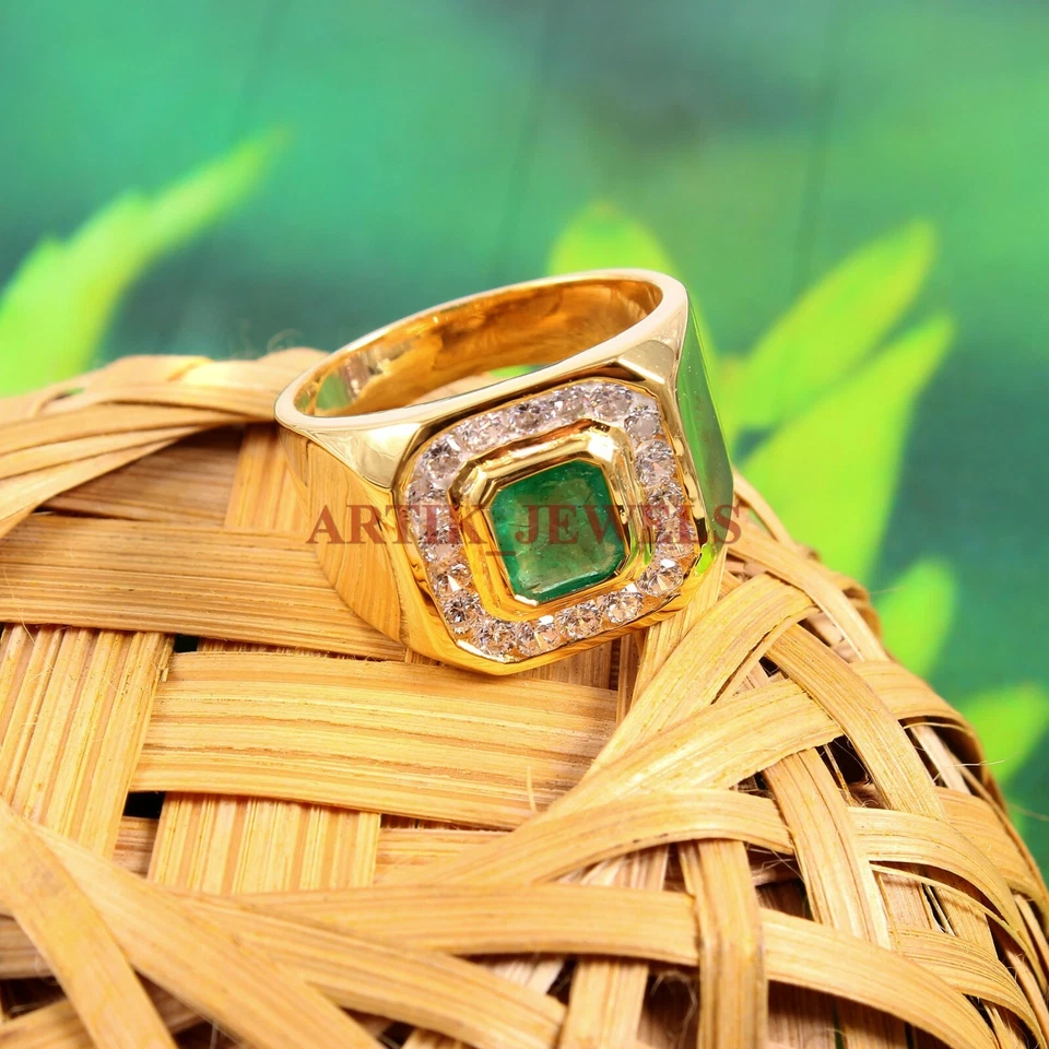 Simulierter Smaragd Mit Vergoldetem 925 Sterlingsilberring Für Herren #34 - Bild 3 von 3