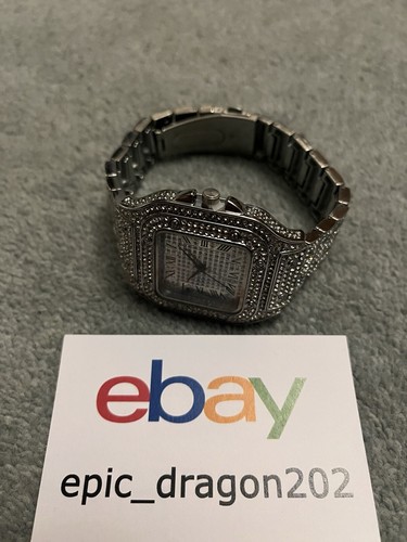 Silver Mens Iced Out Square Face Watch Luxury Crystal CZ Bling - Picture 2 of 5