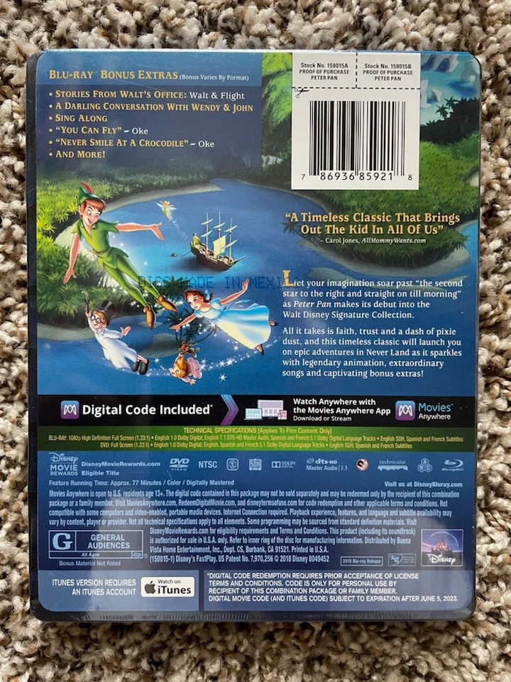 PETER PAN (1953) Disney 2018 Blu-ray + DVD + Digital STEELBOOK sealed OOP - Image 2 of 3