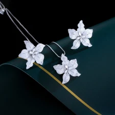 Silver Plated CZ White Flower Chain Link Necklace Earrings Sparkling Jewelry Set