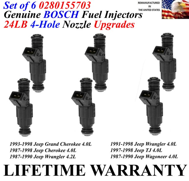 6 OEM Bosch 4Hole 24LB Upgrades Fuel Injectors For 19871990 Jeep